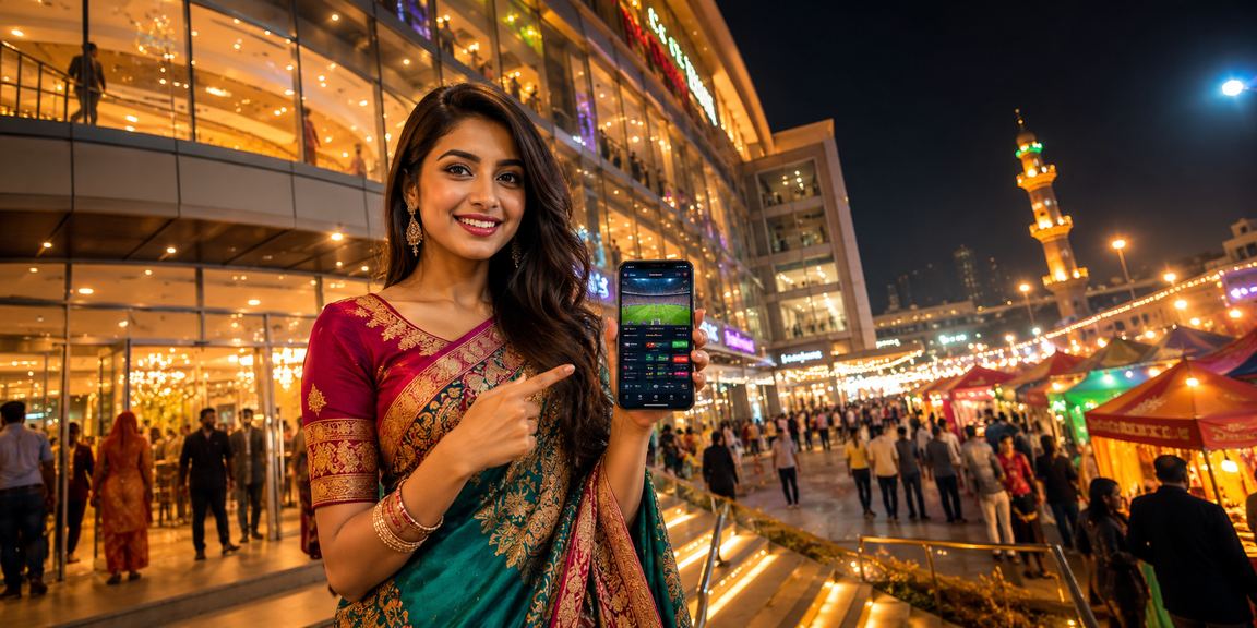 A member using the 8777bet app at a night market in Narayanganj